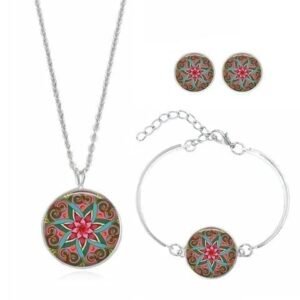Mandala Colorful Pink Bohemian Necklace Bracelet and Earring 3pcs Set