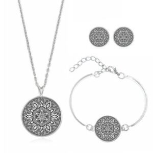 Mandala Gray Bohemian Necklace Bracelet and Earring 3pcs Set